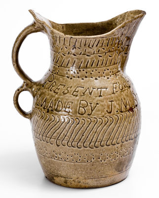 Highly Important Stoneware Presentation Pitcher by African-American Potter James M. Bussel, Georgia, 1872