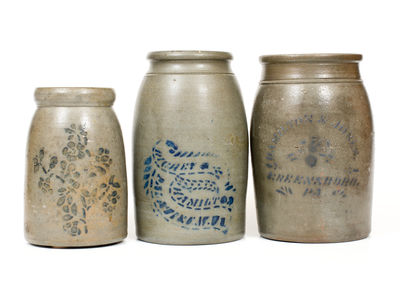 Three Cobalt-Stenciled Stoneware Jars, Western PA and WV origin, circa 1875