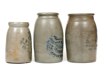 Three Cobalt-Stenciled Stoneware Jars, Western PA and WV origin, circa 1875