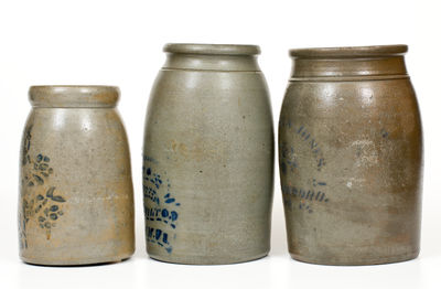 Three Cobalt-Stenciled Stoneware Jars, Western PA and WV origin, circa 1875