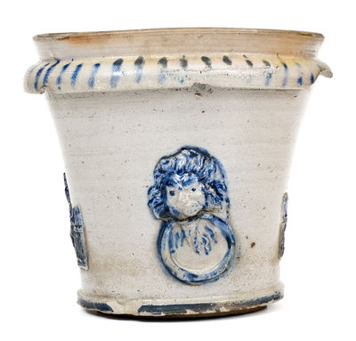 Outstanding Stoneware Flowerpot with Applied Lion Head, Horse, and Dog Decoration