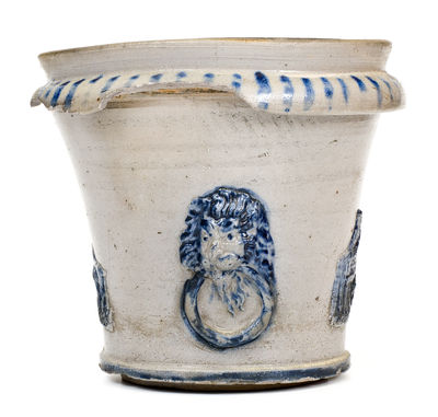 Outstanding Stoneware Flowerpot with Applied Lion Head, Horse, and Dog Decoration