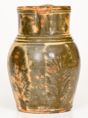 Rare Slip-Decorated Redware Pitcher w/ Mocha Seaweed Motifs, poss. Solomon Bell, Strasburg, VA