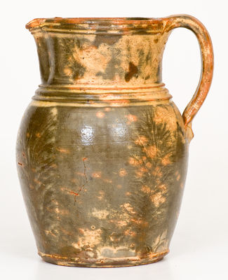 Rare Slip-Decorated Redware Pitcher w/ Mocha Seaweed Motifs, poss. Solomon Bell, Strasburg, VA