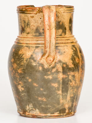 Rare Slip-Decorated Redware Pitcher w/ Mocha Seaweed Motifs, poss. Solomon Bell, Strasburg, VA