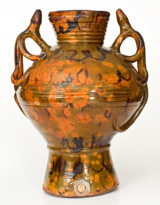 Outstanding Redware Water Cooler with Manganese Decoration and Lizard Handles