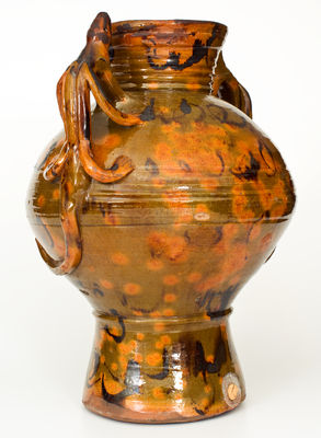 Outstanding Redware Water Cooler with Manganese Decoration and Lizard Handles