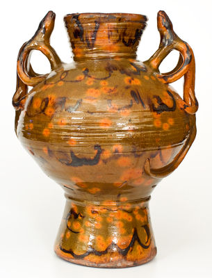 Outstanding Redware Water Cooler with Manganese Decoration and Lizard Handles