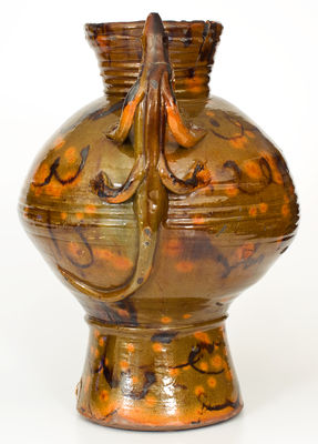 Outstanding Redware Water Cooler with Manganese Decoration and Lizard Handles