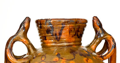 Outstanding Redware Water Cooler with Manganese Decoration and Lizard Handles