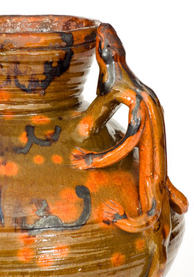 Outstanding Redware Water Cooler with Manganese Decoration and Lizard Handles