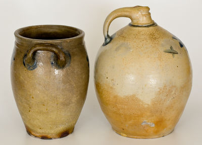 Lot of Two: Early Northeastern US Stoneware Jug and Jar w/ Cobalt Star Decorations