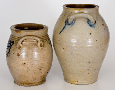 Lot of Two: Unusual Jar w/ Fishscale Decoration (possibly Long Island) and New England Stoneware Jar