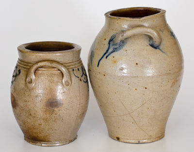 Lot of Two: Unusual Jar w/ Fishscale Decoration (possibly Long Island) and New England Stoneware Jar