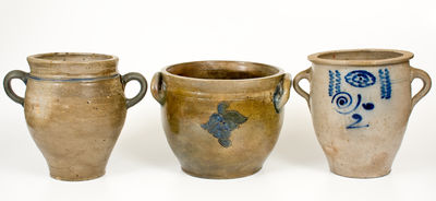 Lot of Three: Two Early Manhattan Stoneware Jars w/ Vertical-Handled Stoneware Jar, probably European