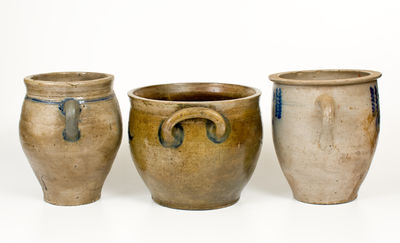 Lot of Three: Two Early Manhattan Stoneware Jars w/ Vertical-Handled Stoneware Jar, probably European
