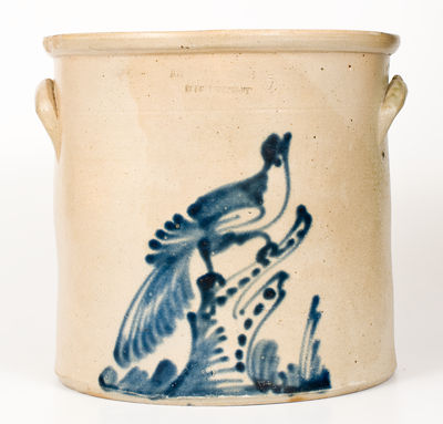 5 Gal. RIEDINGER & CAIRE / POUGHKEEPSIE, NY Stoneware Crock w/ Elaborate Bird on Stump Decoration