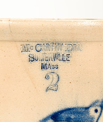 2 Gal. Stoneware Crock w/ Bird Decoration, SOMERVILLE, MASS. Advertising