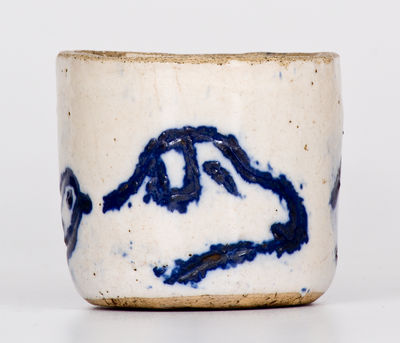 Unusual Small-Sized Bristol Slip Stoneware Jar w/ Dog, Cow and Bird Decoration, probably Ohio