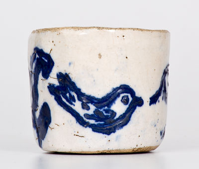 Unusual Small-Sized Bristol Slip Stoneware Jar w/ Dog, Cow and Bird Decoration, probably Ohio