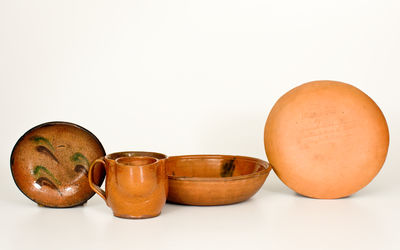 Lot of Four: Redware Shaving Mug,  Bowl, and Two Plates incl. Stahl Pottery Example