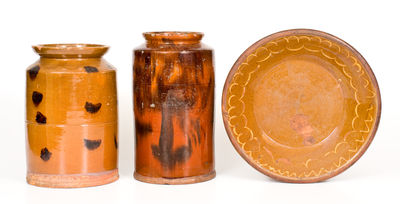 Lot of Three: Slip-Decorated New England Redware incl. Bowl and Two Jars