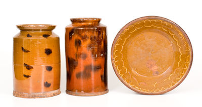 Lot of Three: Slip-Decorated New England Redware incl. Bowl and Two Jars