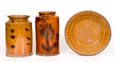 Lot of Three: Slip-Decorated New England Redware incl. Bowl and Two Jars