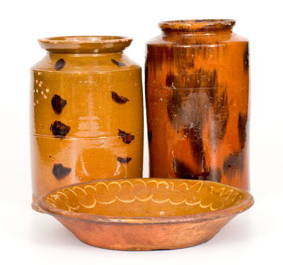 Lot of Three: Slip-Decorated New England Redware incl. Bowl and Two Jars