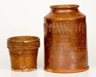 Lot of Two: American Redware Jar and Flowerpot, both with Elaborate Incising