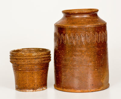 Lot of Two: American Redware Jar and Flowerpot, both with Elaborate Incising
