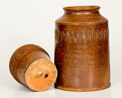 Lot of Two: American Redware Jar and Flowerpot, both with Elaborate Incising