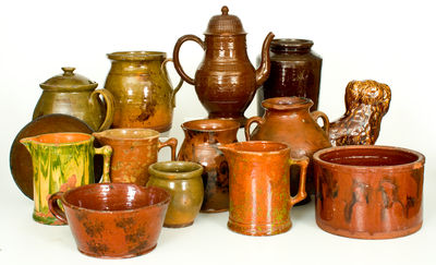 Lot of Fourteen: Assorted Pottery Articles incl. Redware and Rockingham Ware Spaniel