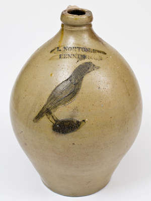 Rare L. NORTON & Co / BENNINGTON Stoneware Jug w/ Incised Bird