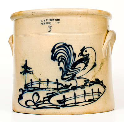 Three-Gallon J. & E. NORTON / BENNINGTON, VT Stoneware Crock w/ Rooster Scene