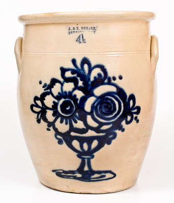 Exceptional Four-Gallon J. & E. NORTON / BENNINGTON, VT Stoneware Jar w/ Elaborate Flowering Urn