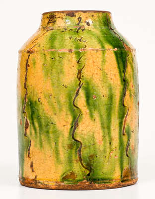 Extremely Rare Slip-Decorated Redware Tea Canister w/ Sgraffito Line Decoration, Southeastern PA