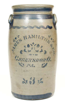 Three-Gallon JAMES HAMILTON & CO. / GREENSBORO, PA Cobalt-Decorated Stoneware Churn