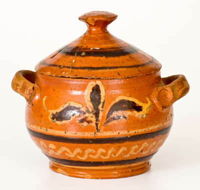 Extremely Rare Alamance County, NC Lidded Redware Sugar Bowl w/ Two-Color Slip Decoration