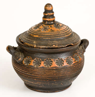 Lidded Redware Sugar Bowl with Impressed Decoration, 19th century
