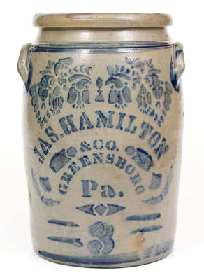 Three-Gallon JAS. HAMILTON & CO. / GREENSBORO, Pa. Cobalt-Decorated Stoneware Jar