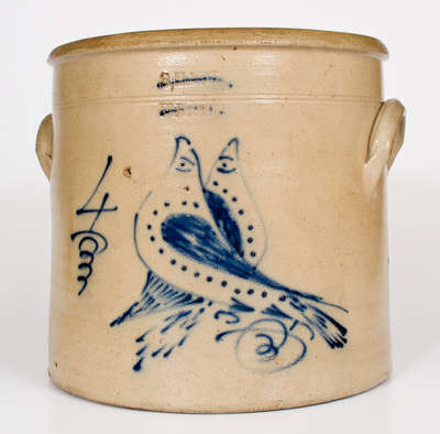 Four-Gallon S. HART / FULTON, New York Stoneware Crock w/ Double-Bird Decoration