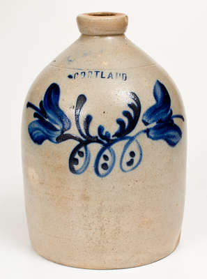 One-Gallon CORTLAND, NY Stoneware Jug w/ Cobalt Floral Decoration