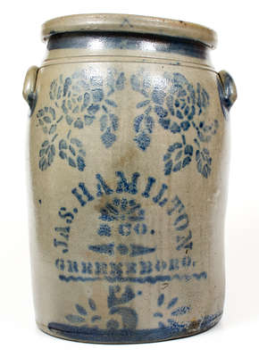 Five-Gallon JAS. HAMILTON & CO. / GREENSBORO Stoneware Jar w/ Stenciled Rose Motif