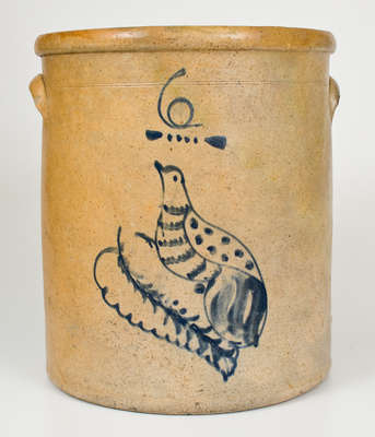 Six-Gallon Ohio Stoneware Crock w/ Cobalt Bird-on-Leaf Decoration