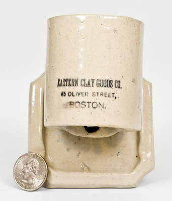 Rare Miniature Stoneware Chicken Waterer w/ Boston Advertising, MADE BY W.R. & CO. / AKRON, O.
