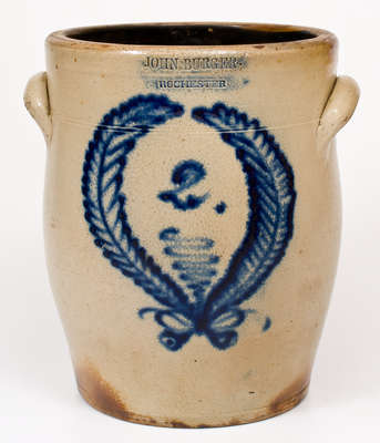 2 Gal. JOHN BURGER / ROCHESTER Stoneware Jar w/ Bold Cobalt Wreath Decoration