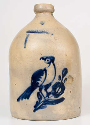 2 Gal. WHITES UTICA Stoneware Jug w/ Bird Decoration