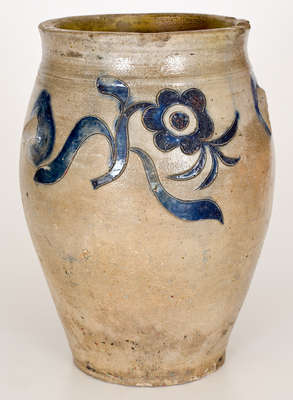 Rare J. REMMEY / MANHATTAN WELLS, NY Stoneware Crock w/ Elaborate Incised Floral Decoration