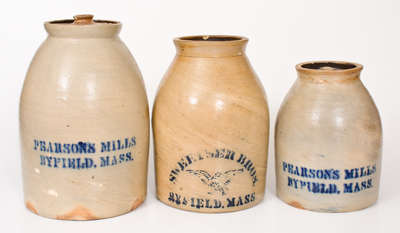 Lot of Three: Unusual Stoneware Snuff Jars w/ BYFIELD, MASS. Advertising